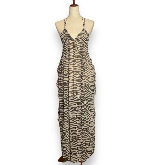 NWT Olivaceous Zebra Safari Print Ruffle Slit Side Maxi Dress Medium - Picture 2 of 12